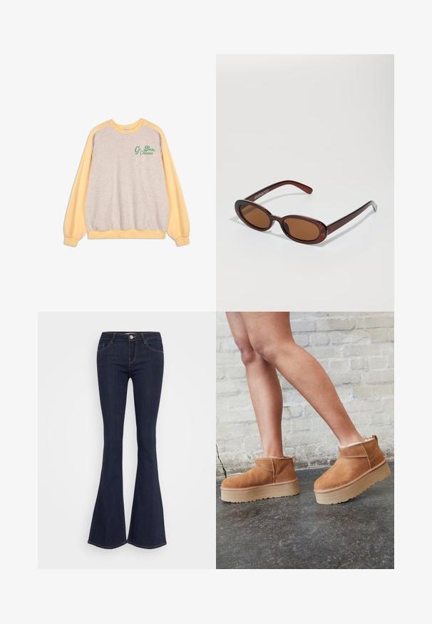 Crewneck-Sweatshirt mit beigem Körper und pastellgelben Ärmeln, featuring grünen "Go Bobo Choses"-Text auf der oberen linken Brust.; Dunkelblaue, ausstellende Jeans mit einer schmalen Taille, vorderer Knopfverschluss, Fünf-Taschen-Design und Nahtdetails entlang der Beine.; Braune Wildleder-Stiefeletten mit einem weichen Futter, dicker beige Plateau-Sohle und einer Zuglasche auf der Rückseite. Strukturiert Oberfläche mit sichtbaren Nähdetails.; Runde, braun getönte Sonnenbrillen mit einem glänzenden burgunderfarbenen Rahmen. Schlanke Bügel mit dezentem Branding. Flaches Linsendesign.