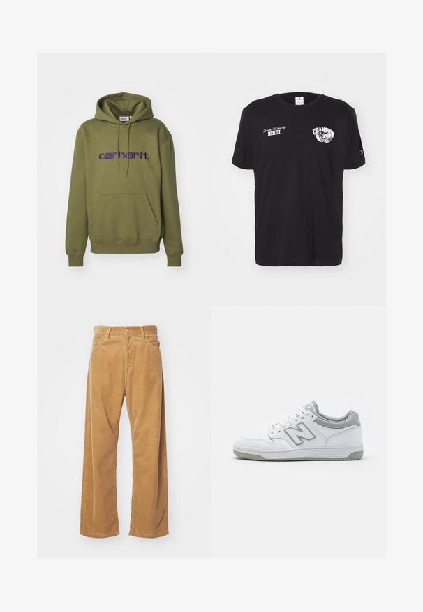 Olivově zelená mikina s kapucí vyrobená z bavlněné směsi, s přední kapsou, stahovací kapucí a fialovým vyšívaným logem "Carhartt." na hrudi.; Černé bavlněné tričko s krátkým rukávem a kulatým výstřihem, s bílým logem a nápisy "Champion" na přední straně a rukávu.; Bavlněné široké kalhoty z kordu v odstínu tan. Mají texturované, vertikální pruhy, standardní pas a dvě přední kapsy.; Bílé kožené tenisky s šedými akcenty, vybavené perforovanou špičkou, plochými tkaničkami a vzorovanou podrážkou. Logo New Balance na boku.
