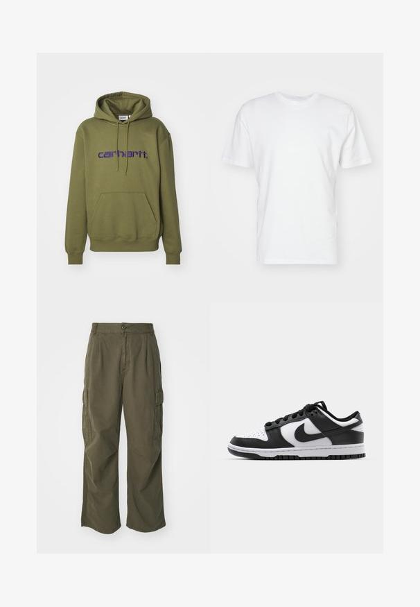 Hanorac verde măsliniu dintr-un amestec de bumbac, cu un buzunar frontal, glugă cu șnur și logo „carhartt.” brodat în mov pe piept.; Tricou alb din bumbac cu mâneci scurte, decolteu rotund și o textură netedă. Design simplu, fără modele sau grafice.; Pantaloni cargo de culoare verde oliv, din bumbac, cu un design cu picioare largi, plii și buzunare laterale pentru utilitate.; Adidași Nike Dunk alb-negru, cu un superior din piele, vârf perforat, sireturi negre și talpă din cauciuc negru cu design de profil.