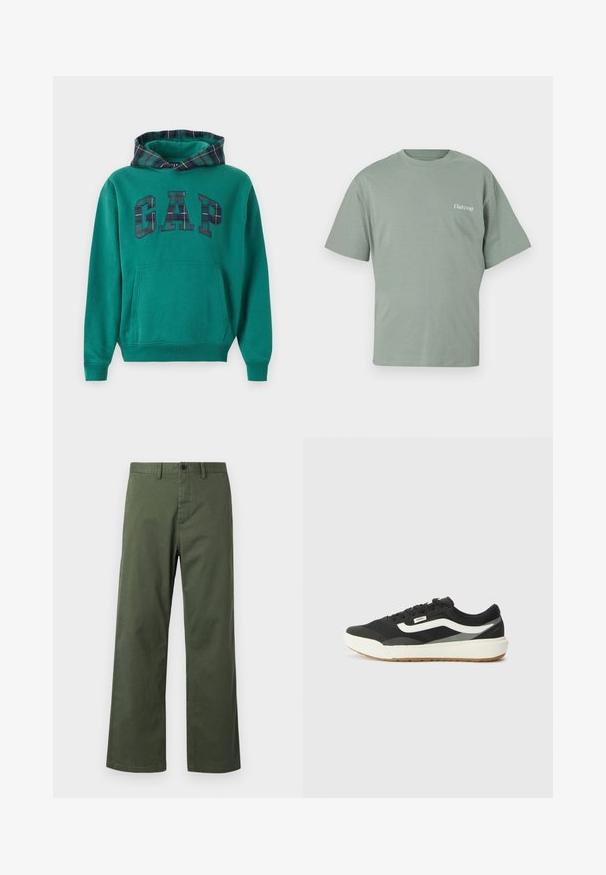 Grüne Kapuzenjacke mit karierter Kapuze, die ein großes "GAP"-Logo im karrierten Muster zeigt. Beinhaltet eine Vordertasche und gerippte Bündchen.; Mintgrünes Baumwoll-T-Shirt mit Rundhalsausschnitt, kurzen Ärmeln und einem kleinen "Club1990"-Druck auf der linken Brust.; Grüne, weit geschnittene Hose aus Baumwollmischgewebe, mit Knopfverschluss, Gürtelschlaufen und dezentem vertikalem Muster.; Schwarze Sneakers mit weißen Akzenten, mit einem glatten synthetischen Obermaterial, runder Form und Gummisohle, kombiniert mit hellbeigen Hosen.