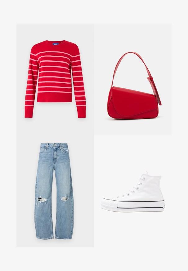 Roter Pullover mit rosa horizontalen Streifen, Rundhalsausschnitt, langen Ärmeln, Rippbündchen und Saum. Aus einem weichen Strickmaterial gefertigt.; Helles, hochtailliertes Jeans aus Denim. Hat weit geschnittene Beine, zwei aufgerissene Kniebereiche und klassischen Fünf-Taschen-Stil.; Weiße hochwertige Leinensneaker mit schwarzer Gummisohle, vorderem Gummizehenschutz und sechs Ösen für Schnürsenkel, die ein sauberes, minimalistisches Design aufweisen.; Rote Lederhandtasche mit einem kantigen, geometrischen Design. Verfügt über einen verstellbaren Schulterriemen und einen Klappenverschluss mit genähten Details.