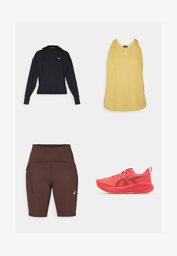 Melnā džemperis ar kapuci, garām piedurknēm un caurumiem īkšķiem. Iezīmēts ar mazu logotipu uz krūtīm un tīru, minimālu dizainu.; Gaiši dzeltena bez piedurknēm sportiska tīrekļa augšdaļa, izgatavota no gludas auduma. Iezīmē noapaļotu kakla izgriezumu un mazu baltu logotipu priekšā.; Brūni sporta šorti, izgatavoti no elastīga auduma, ar augstu jostasvietu, pieguļošu piegriezumu, sānu kabatu un mazu logotipu apakšējā kājā.; Spilgti rozā sporta kurpe ar sintētisko virsu, gumijas zoli, mīkstu apmali, sieta tekstūru un melniem logotipa akcentiem sānos.