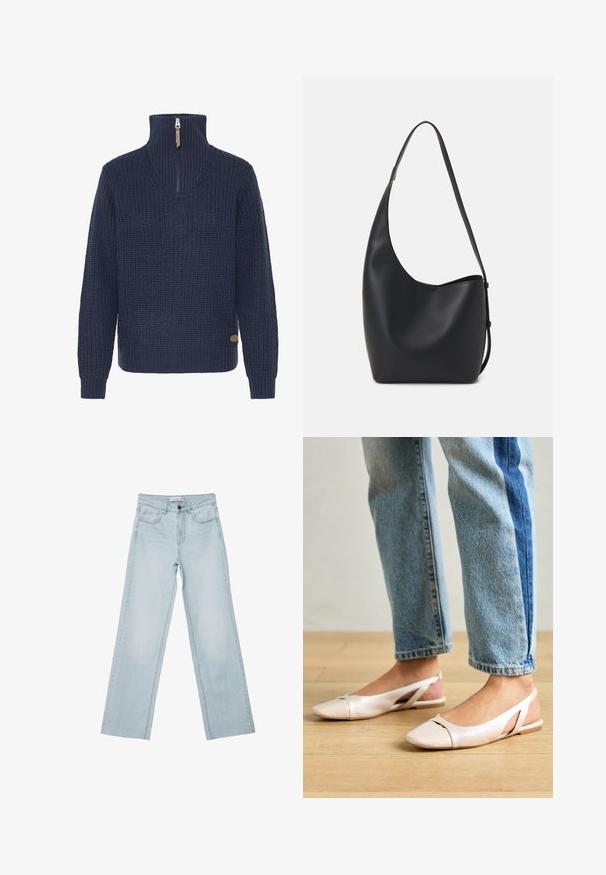 Námorně modrý strukturovaný pletený svetr s dlouhými rukávy a vysokým žebrovaným límcem, který má částečný zip s koženým táhlem.; Světle modré denimové široké džíny. Obsahují pět kapes, zapínání na knoflíky a vybledlé detaily. Klasický rovný střih s volným cílem.; Světle růžové slingback baleríny s špičatou špičkou, vyrobené z hladkého koženému materiálu. Obsahují vystřihovací detaily po stranách a plochý podpatek.; Černá kožená hobo taška s hladkým povrchem, zakřiveným tvarem a jedním nastavitelným popruhem; má široké otevírání nahoře.