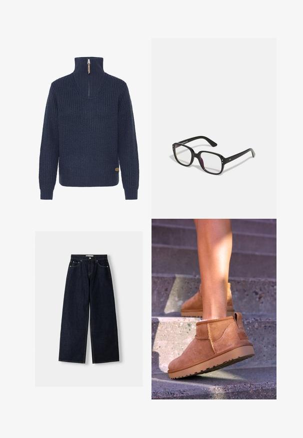 Navy blue textured knit sweater with long sleeves and a high ribbed collar featuring a partial zipper with a leather pull tab.; Dark blue denim wide-leg jeans with a high waist, five pockets, contrast stitching, and silver metal hardware. Smooth texture and clean finish.; Tan suede ankle boots with a soft texture, stitched detailing, and a rubber sole, featuring a looped heel for easy wear.; Black rectangular glasses with clear lenses, featuring rounded edges and side accents, with a glossy finish on the frame and arms.; Black leather hobo bag with a soft, curved shape. Features a wide top handle and gathers at the base for a slouchy texture.