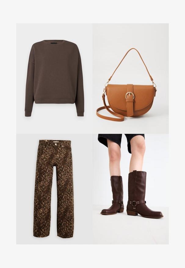 Barna kapucnis pulóver kerek nyakkal, hosszú ujjal és bordás mandzsettával. Puha anyagból készült, sima textúrával és laza szabással.; Leopárdmintás, bő szárú farmernadrág barna és bézs színekben. Denimből készült, klasszikus öt zsebes dizájnnal és fémből készült kiegészítőkkel.; Barna bőr, térd feletti csizmák kerek orral, textúrázott felülettel, bokapánttal és ezüst hardware részletekkel; rétegezett sarokkal.; Barna bőr keresztbody táska ívelt formával, aranyszínű fémrészekkel és csat díszítéssel. Levehető vállpánttal rendelkezik.