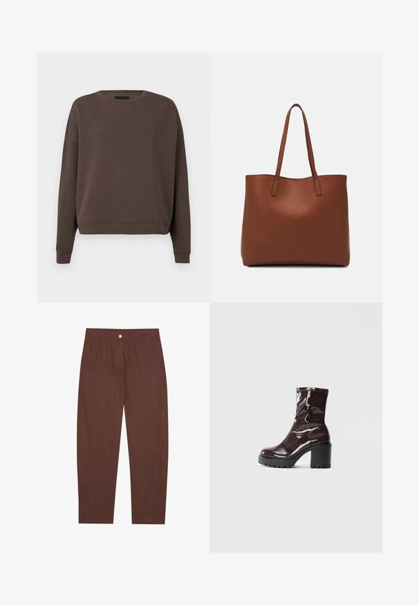 Sweatshirt castanho com gola redonda, mangas longas e punhos canelados. Feito de um tecido macio com uma textura suave e um ajuste descontraído.; Calças de algodão castanhas com um design de perna reta, apresentando um fecho frontal com botão e bolsos laterais. Textura suave com detalhes de costura mínimos.; Bota de tornozelo burgundy brilhante com um salto preto robusto, apresentando uma textura suave e um design simples. Sem fechos ou padrões visíveis.; Bolsa tote de couro castanho com uma textura suave, design de abertura superior e duas alças para o ombro. Apresenta costura mínima e sem hardware visível.