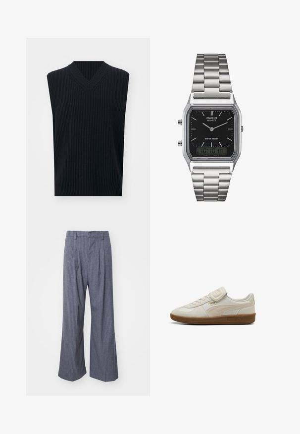 Carhartt WIP MARLON granatowy; Szare spodnie w prążki o szerokim kroju, z zakładkami z przodu i gładką fakturą. Brak widocznych elementów metalowych lub akcentów.; Białe skórzane sneakersy z teksturowanymi akcentami, gumową podeszwą i złotym logo. Posiadają sznurówki oraz rzep do zapięcia.; Srebrny zegarek kwarcowy ze stali nierdzewnej z czarną prostokątną tarczą, wyposażony w analogowe wskazówki, wyświetlacz cyfrowy oraz oznaczenie odporności na wodę.