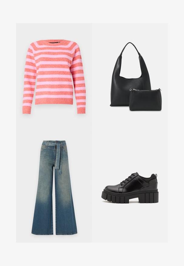 Juostuota megztinis koralų ir rožinių atspalvių, pagamintas iš minkštos medžiagos. Turi apvalų iškirpimą, ilgomis rankovėmis ir raukšlėtą apatinį kraštą.; Platus džinsinis kelnes su šviesiai tamsiai mėlynu gradientu, aukštu juosmeniu, diržo kilpomis ir atitinkančiu audinio diržu. Textūruotas džinsinis paviršius.; Juodi odiniai platformos batai su masyviu blokuota kulniuku, apvalia nosimi ir tradiciniu šnypštimo dizainu. Turintys glotnų paviršių ir minimalų dekoravimą.; Even&Odd Rankinė - black