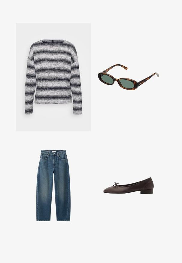 Gray and black striped long-sleeve top with a round neckline. Soft, textured fabric with varying stripe widths and a relaxed fit.; Sleeveless white dress with a round neckline and an asymmetrical hemline that drapes to a point on one side.; Dark blue denim jeans with a straight leg, five-pocket design, and a classic button closure. Soft texture with subtle fading.; Brown leather ballet flat with a rounded toe and small block heel. Features a thin bow at the front and subtle stitching details.; Tortoiseshell sunglasses with oval frames and green lenses. Features thin arms with a metallic accent near the hinges.; Olive green leather handbag with a rounded shape, dual handles, and seamless front. Features a smooth texture and subtle stitching details.