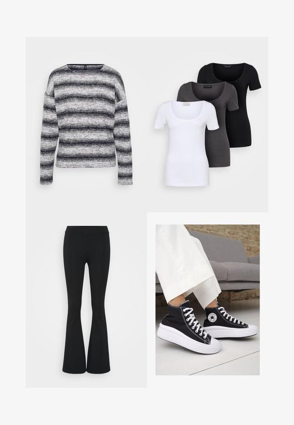 Harmaa ja musta raitapaita pitkillä hihoilla pyöreällä pääntiellä. Pehmeä, teksturoitu kangas, jossa vaihteleva raidan leveys ja rento leikkaus.; Kolme istuvaa T-paitaa valkoisena, harmaana ja mustana. Jokaisessa on leveä avara pääntie ja lyhyet hihat. Valmistettu sileästä ja joustavasta kankaasta.; Mustat leveät housut, jotka on valmistettu joustavasta kankaasta, ja joissa on korkea vyötärö sekä sileä pinta. Housut levenevät polven kohdalla.; Mustat kangaskengät korkealla varrella, joissa on valkoiset kumipohjat ja nauhat. Sivussa on pyöreä logo ja kontrastiväriset valkoiset tikkausommellut.