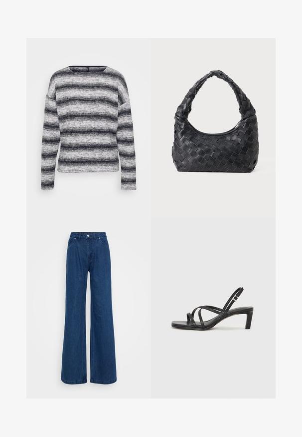 Top cu mânecă lungă, dungi gri și negre, cu guler rotund. Material moale, texturat, cu lățimi variate ale dungilor și un croi lejer.; Jeans din denim albastru, cu pantaloni largi, talie înaltă, închidere cu buton și fermoar frontal, și buzunare în față și în spate, pe un fundal simplu.; Sandal cu barete negre, cu vârf pătrat și toc mic de bloc. Prezintă mai multe barete subțiri și o bareta ajustabilă la gleznă. Fabricat din piele netedă.; Geantă de umăr din piele neagră, țesută, cu un mâner rotund și un corp în formă de semilună, pe un fundal simplu.
