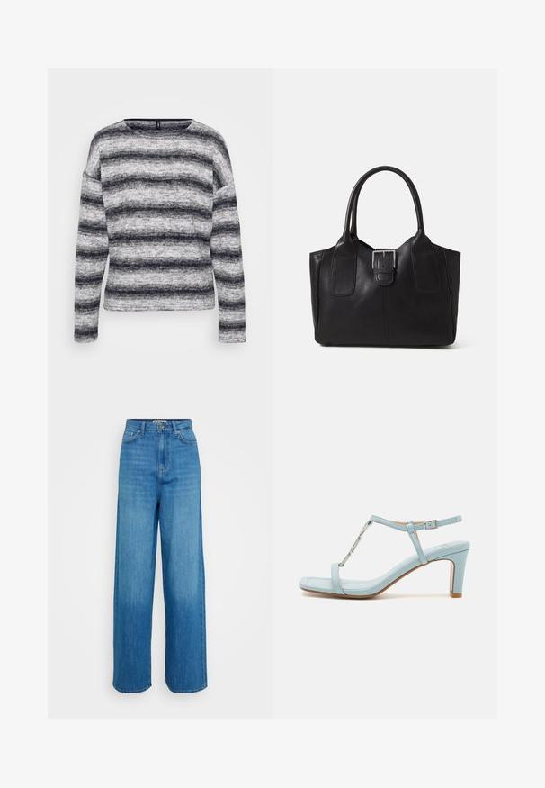 Siva in črna črtasta dolgodlaka majica s krožnim izrezom. Mehka, teksturirana tkanina z različno širino črt in sproščenim krojem.; Modre hlače z visokim pasom in širokimi nogavicami, z gumbnico in zadrgo spredaj, sprednjimi in zadnjimi žepi ter šivanimi robovi na belem ozadju.; Svijetloplave sandale s visokom petom i remenom oko gležnja, sa kvadratnim vrhom, koji imaju metalik akcent i glatku, glatku kožnu teksturu.; Črna usnjena torba s gladko teksturo, strukturirano obliko, dvema ročkama in izrazitim srebrnim sponko na sprednji strani.