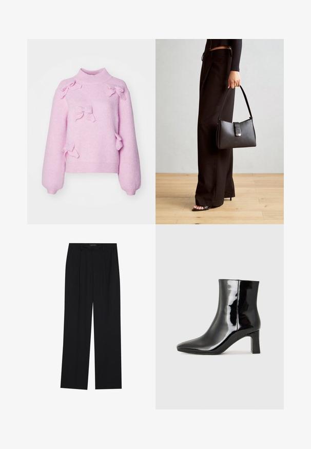 Cras FLORA - Camisola - pink; Calças pretas com um design de perna reta, apresentando dois bolsos frontais e um cós. Feitas de um tecido leve e suave.; Botim de tornozelo em pele sintética preta com bico apontado e salto bloco de altura média. Textura suave e design minimalista.; Bolsa preta com forma estruturada, textura suave e um fecho metálico. Combinada com calças largas pretas e sandálias de salto aberto sobre um chão de madeira.