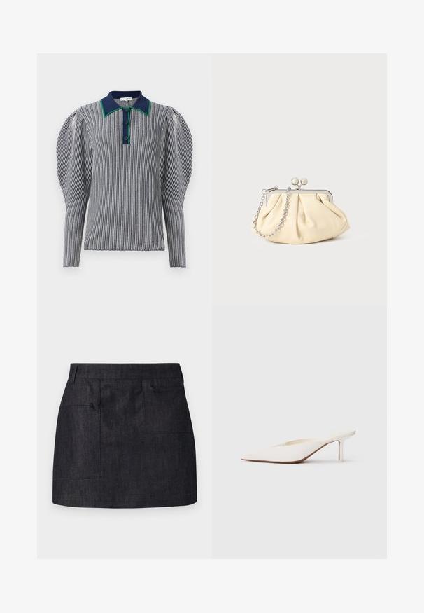 Polo majica s prugicami v mornarsko modri in beli barvi z ovratnikom v zeleni barvi. Ima naborke na rokavih in gumbasto zapiranje pri vratu. Teksturovana tkanina.; Temna denim krila s ravnim krojem, ki ima dve sprednji žepki in subtilno teksturo. Čista obrobi in standardna zasnova pasu.; Bela mule s koničastim nosom in nizko stiletto peto. Narejena iz gladkega materiala z minimalističnim dizajnom in subtilnim detajlom belega podplata.; Zavihani bež usnjeni nahrbtnik s srebrnim kovinskim okvirom, ki ima dve okrogli okrasni zaponki in srebrno verižico.; Srebrni uhani z okroglo zanko, okrašeni s sijočimi kamni in kapljičasto biserno obeskom. Oznaka svojstvene zasnove z zapletenimi detajli.