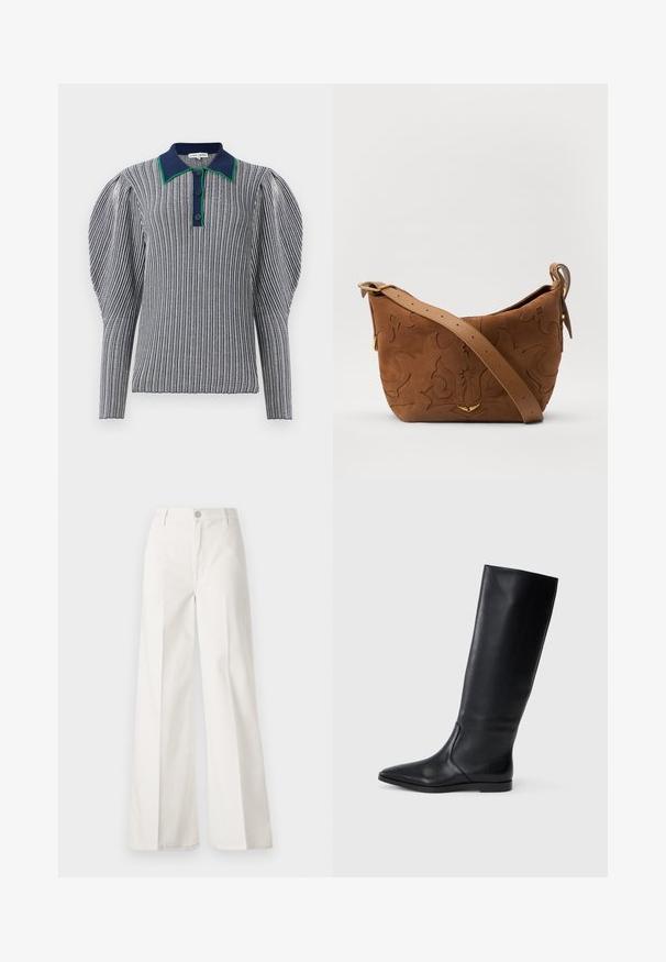 Dryžuota polo marškinėlių melsvai baltos spalvos su žaliu apykakle. Sutyra pūstomis rankovėmis ir mygtukų uždarymu ties kaklu. Tekstūruota medžiaga.; Balti platūs baltos spalvos keliai, pagaminti iš medvilnės su lygiu paviršiumi. Yra priekinis mygtukas, užtrauktukas ir keturi kišenės.; Juodas odinis iki kelių batas su smailiu pirštu ir minimalistišku dizainu. Atsparus paviršius ir plokščias padas, su diskretiškai siuvinėtomis detalėmis šonuose.; Ruda suedes pečių rankinė su išsiuvinėtu gėlės dizainu, papildyta lygiu ruduo odos diržu ir auksinės spalvos detalėmis.