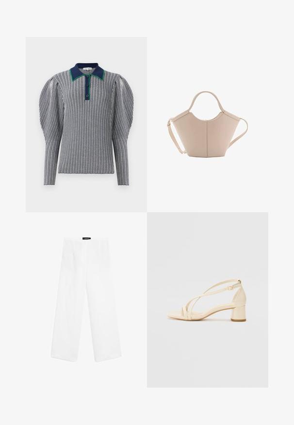 Gestreiftes Poloshirt in Marineblau und Weiß mit einem kragen in Grün. Mit puffartigen Ärmeln und Knopfverschluss am Hals. Strukturierter Stoff.; Weiße Leinen-Hosen mit weitem Bein, die eine glatte Textur aufweisen. Sie haben einen mittelhohen Bund, zwei vordere Taschen und ein schlichtes Design.; Beige Sandalen mit Absatz, Blockabsatz, Riemchen-Design und verstellbarem Knöchelriemen, aus glattem synthetischem Material mit matter Oberfläche.; Beige Lederhandtasche mit einer einzigartigen Form, die zwei kurze Henkel und einen langen verstellbaren Riemen aufweist. Glatte Textur mit minimalen Hardware-Elementen.