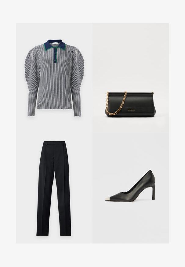 Csíkos pólóing tengerészkék és fehér színben, zöld díszítésű gallérral. Puffos ujjakkal és gombos záródással a nyakon. Strukturált anyag.; Fekete nadrág sima anyagból, magas derékkal, széles lábakkal, elülső redőkkel és klasszikus övhurkokkal. Oldalzsebek nem láthatók.; Fekete bőr magas sarkú cipő hegyes orral és fém ezüst orrtippel. Simább kivitelű, karcsú, 10 cm-es sarokkal.; Fekete bőr kisméretű táska arany lánccal, sima felülettel, téglalap alakú, és dombornyomott márkázással az elején.