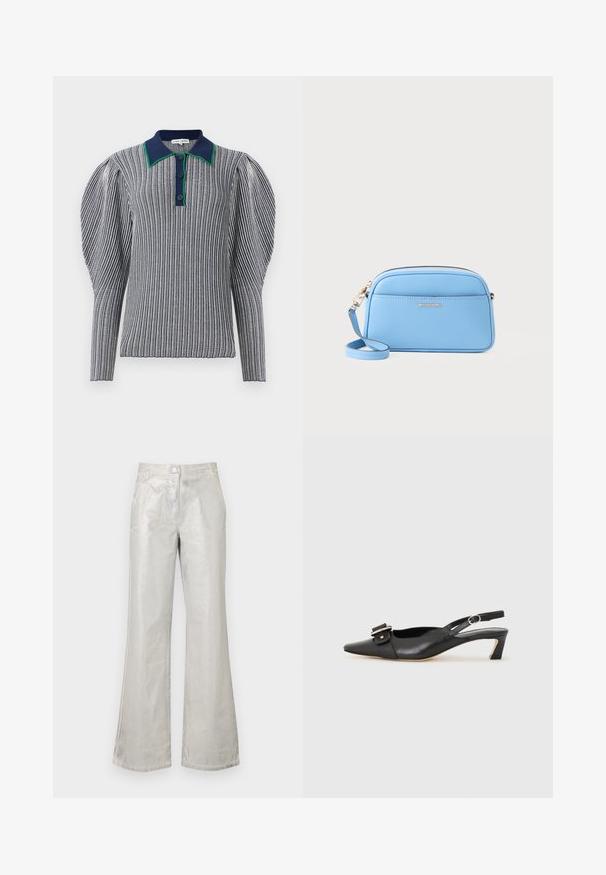 Polo listrado em azul marinho e branco com colarinho acentuado em verde. Apresenta mangas bufantes e fecho de botão no pescoço. Tecido texturizado.; Calças prateadas com flare, feitas de um material brilhante, com fecho frontal de botão, dois bolsos e detalhes de costura visíveis.; Sandal com correia preta em pele, com bico fino, pequeno salto e detalhe de fivela decorativa na parte superior. Textura suave, design minimalista.; Bolsa crossbody em couro azul claro com acessórios em tom de ouro, fecho em zip, e um bolso frontal. Apresenta uma alça ajustável para conveniência.