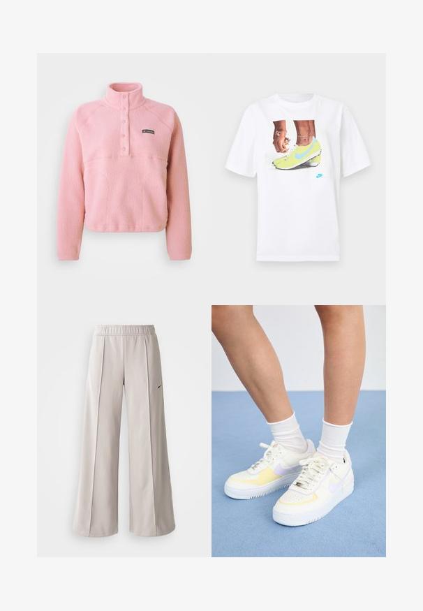 Lyserød Columbia fleece pullover med lange ærmer, snap-knap brystplacket og oprejst krave, lavet af blødt tekstureret stof.; Hvid bomulds t-shirt med et grafisk motiv af fødder i gule Nike støvler med blå accenter, parret med et armbånd på venstre håndled.; Lys grå, vide bukser lavet af glat stof. Har et elastisk talje bånd og sort Nike-logo på venstre side.; Hvide lædersneakers med gule og lavendel accenter, rund tå, flade snørebånd og struktureret gummisål. Båret med hvide sokker.