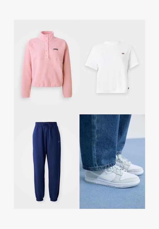 Pullover in pile Columbia rosa con maniche lunghe, pattina sullo petto con bottoni a pressione e colletto alto, realizzato in tessuto morbido e texture.; T-shirt bianco in cotone con una vestibilità rilassata, caratterizzato da una piccola etichetta con logo sul petto e un'etichetta laterale per un tocco in più.; Pantaloni della tuta blu navy realizzati in tessuto morbido, con vita elasticizzata regolabile tramite cordino, polsini elasticizzati e un piccolo logo bianco.; Sneakers Nike in pelle bianca e grigia chiara con punta perforata, lacci piatti e suola in gomma, abbinate a jeans in denim blu.