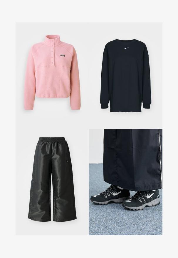 Rosa Columbia-Fleece-Pullover mit langen Ärmeln, Druckknopf-Brusttasche und Stehkragen, aus weichem strukturiertem Stoff hergestellt.; Schwarzes Langarm-T-Shirt aus Baumwolle mit Rundhalsausschnitt. Mit weißem Nike-Logo auf der Brust. Weiche Textur, simples Design.; Schwarze Sporthose aus glänzendem, glattem Stoff, mit einem elastischen Bund, weitem Bein und einem kleinen Logo auf der linken Seite.; Schwarze Sportschuhe mit einer strukturierten Oberseite, silbernen Akzenten und einer gemusterten Außensohle, kombiniert mit einem schwarzen langen Kleidungsstück. Auf einem blauen Teppich drapiert.