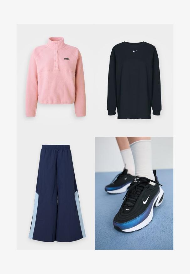 Lyserød Columbia fleece pullover med lange ærmer, snap-knap brystplacket og oprejst krave, lavet af blødt tekstureret stof.; Sort langærmet T-shirt lavet af bomuld med rund hals. Har et hvidt Nike-logo på brystet. Blød tekstur, enkelt design.; Marineblå brede benbukser med elastisk talje, der har lyseblå sidelapper og en glat tekstur. Designet til komfort og bevægelsesfrihed.; Sorte Nike sneakers med en glat stofoverdel, der har et gradientblåt til sort design, hvid sål og markante logo detaljer.