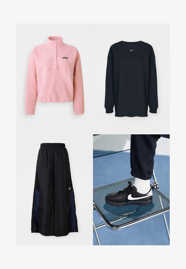 Pullover in pile Columbia rosa con maniche lunghe, pattina sullo petto con bottoni a pressione e colletto alto, realizzato in tessuto morbido e texture.; T-shirt nero a maniche lunghe in cotone con colletto rotondo. Presenta un logo Nike bianco sul petto. Texture morbida, design semplice.; Pantaloni neri a gamba larga realizzati in tessuto leggero, con un pannello laterale blu navy e una cintura elastica. Piccolo logo bianco sul fondo.; Sneakers Nike neri con accenti bianchi, caratterizzati da una superficie in pelle liscia, design con lacci e punta rotonda, posizionati su una sedia di vetro.