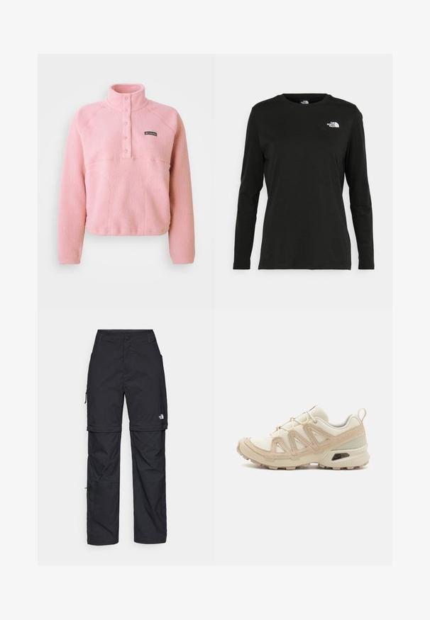 Lyserød Columbia fleece pullover med lange ærmer, snap-knap brystplacket og oprejst krave, lavet af blødt tekstureret stof.; Sort langærmet t-shirt lavet af bomuld med rund hals. Har et lille hvidt logo på venstre brystområde. Enkel design og pasform.; Sorte nylon cargo bukser med lynlås, justerbare manchetter, flere lommer og et logo på højre ben. Glat, let tekstur.; Beige og creme atletiksko med struktureret mesh-overdel, støttende overlays og gummiyderside med et mønster for trækkraft.