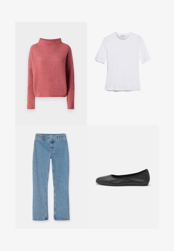 Filippa K MIKA FUNNELNECK - Pullover - light rasp; T-shirt blanc à manches courtes en tissu côtelé. Col rond, coupe régulière et détails de couture subtils. Aucune motif ni graphique.; Jean en denim bleu clair à jambe droite avec fermeture à bouton et à fermeture éclair, passants de ceinture et couture standard sur fond blanc.; Ballerines en cuir noir avec un bout rond, texture lisse, détails de couture minimalistes et design de semelle flexible.