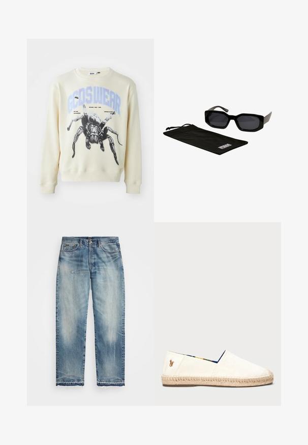 Hanorac de culoare crem, cu un grafic mare de păianjen negru și textul "GCDS WEAR" în albastru. Mânecile și baza ribbate, cu un design de guler rotund.; Jeans din denim de un albastru deschis, cu un design drept, zone uzate, ușoară deteriorare, tiv brut și stil tradițional cu cinci buzunare.; Espadrile din pânză de culoare off-white cu talpă din sfoară. Prezintă o căptușeală cu un model albastru și un mic logo brodat pe călcâi.; Ochelari de soare negri cu rame supradimensionate, unghiulare și lentile închise la culoare, însoțiți de un pachet de microfibră negru cu un logo pe el.; Colier aurit cu un închizător, având un pandantiv cu mâini unite, detaliat cu striații și un finisaj texturat.