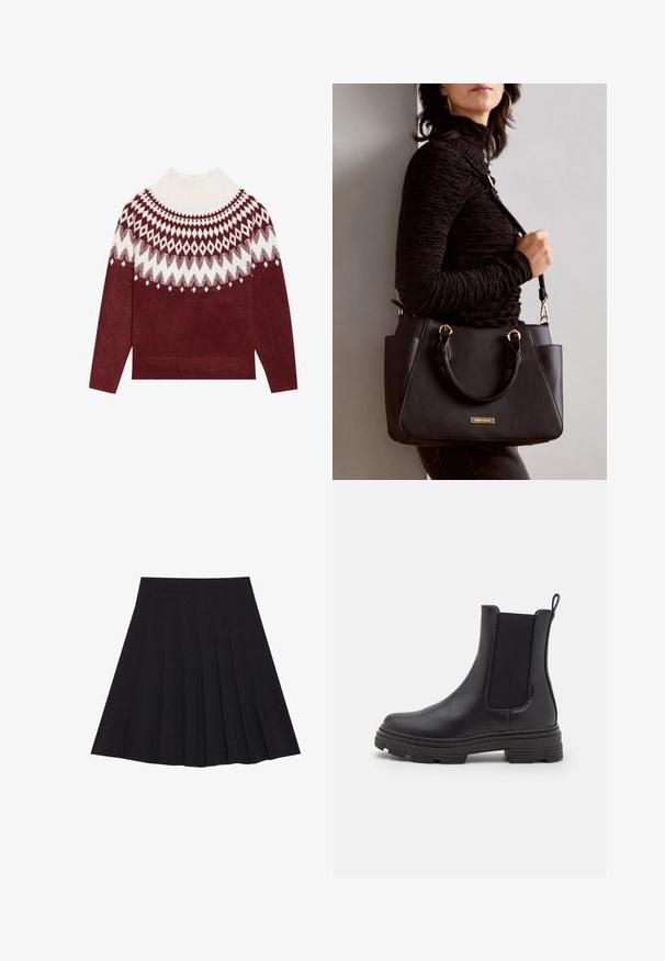 Burgundi kötött pulóver fehér mintás vállrésszel, amelyen gyémántok és csillagok találhatók. Vastag bordázott garbónyak és mandzsetta. Puha tapintás.; Fekete, pliszírozott szoknya texturált anyagból, szűk derékpánttal. Térd alá ér, sima, letisztult vonalvezetéssel.; Fekete bőrből készült bokacsizma, elasztikus oldalpanellel, kerek orral és textúrált gumitalppal. Hátulján hurok található a könnyű felhúzás érdekében.; Fekete kézitáska texturált felülettel, dupla felső fogantyúval és állítható vállpánttal. Arany színű fém kiegészítők és oldalsó zsebek találhatók rajta.