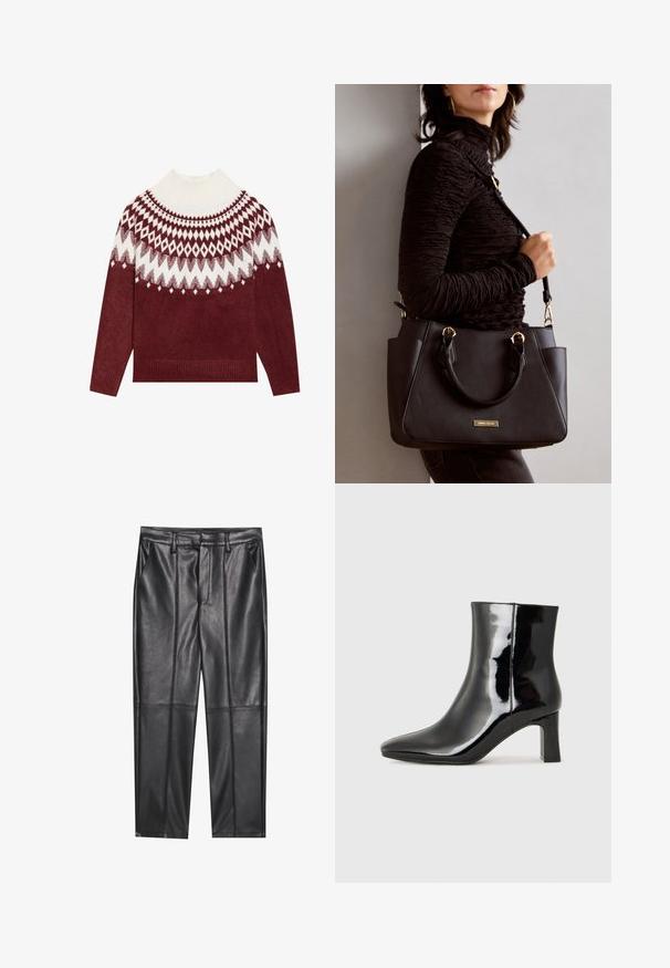 Burgundy knitted sweater with a white patterned yoke featuring diamonds and stars. Thick ribbed turtleneck and cuffs. Soft texture.; Black leather trousers with a smooth texture, featuring a straight fit, two front pockets, and visible seam detailing.; Black patent leather ankle boot with a pointed toe and a mid-height block heel. Smooth texture and minimalist design.; Black handbag with textured surface, dual top handles, and adjustable shoulder strap. Features gold-tone hardware and side pockets.