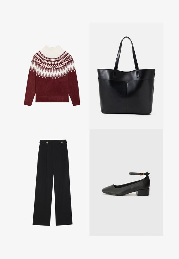 Burgundy stickad tröja med en vit mönstrad yoke som har diamanter och stjärnor. Tjocka ribbade högkragar och mudd. Mjuk textur.; Svarta vida byxor med hög midja, knäppdetaljer i midjan och framfickor.; Svart läderpump med spetsig tå och en låg klack. Har en ankelsnodd med en guldtonad spänne. Slät textur.; Svart läder tote-väska med två långa handtag, en slät yta och en strukturerad form. Har en framficka för extra förvaring.