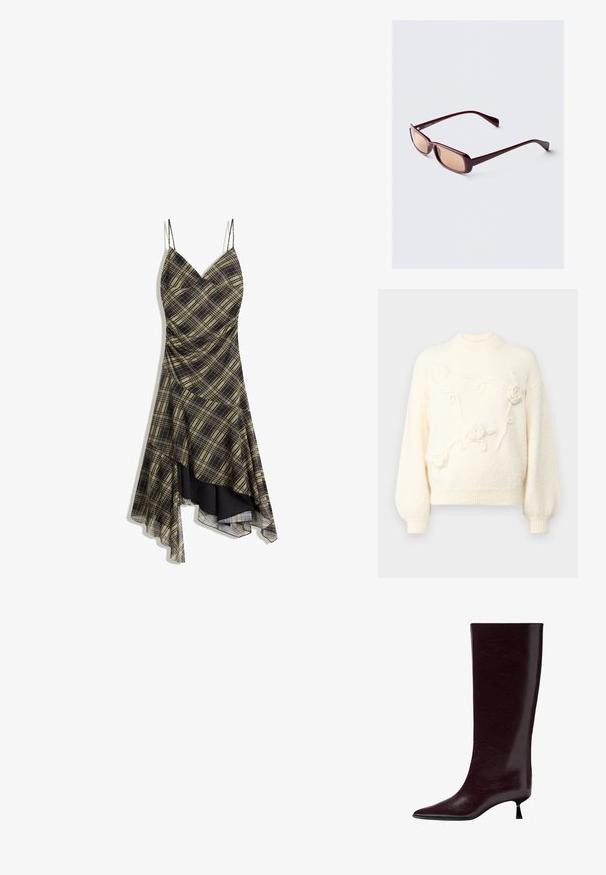 Maglione color crema con collo alto, maniche a palloncino e ricami floreali testurizzati sul davanti. Materiale morbido e vellutato.; Abito a quadretti nero e giallo con spalline sottili, scollatura a V e orlo asimmetrico, caratterizzato da un sovrapposto trasparente e una texture arricciata.; Stivale in pelle bordeaux al ginocchio con una finitura liscia e texturizzata, punta affusolata e un tacco sottile e impilato per un'elevazione aggiuntiva.; Occhiali da sole bordeaux con montatura rettangolare, lenti sfumate e aste eleganti. Il materiale ha una finitura liscia e lucida.; Borsa in pelle marrone, forma curva, manico singolo, chiusura con zip, superficie strutturata con leggero lucido. Design compatto e minimalista.
