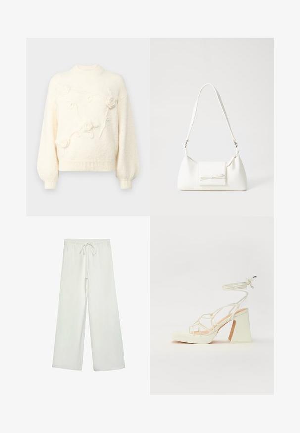 Maglione color crema con collo alto, maniche a palloncino e ricami floreali testurizzati sul davanti. Materiale morbido e vellutato.; Pantaloni bianchi a gamba larga realizzati in un tessuto morbido. Presentano un elastico in vita con cordino e una consistenza liscia. Senza motivi visibili o accessori.; Sandalo bianco con tacco alto, caratterizzato da un design a cinturini e un legaccio alla caviglia. Texture liscia con una piattaforma frontale per un'altezza aggiuntiva.; Borsa sintetica bianca a forma triangolare, con patta anteriore piatta e dettaglio a fiocco, tracolla regolabile, texture liscia e design minimalista.