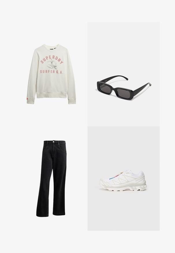 Sudadera color crema en mezcla de algodón con puños acanalados, presenta un gráfico desteñido de un surfista y el texto "SUPERDRY SURFER C.A." en rojo.; Camiseta blanca de manga corta hecha de algodón, con un cuello redondo y una textura suave, con un corte recto y sin patrones.; Jean de mezclilla negra con un diseño de pierna recta, que presenta bolsillos frontales, un cierre de botón y una ligera textura. Incluye un detalle de logo sutil.; Zapatilla deportiva blanca con parte superior de malla texturizada, acentos reflectantes y suela acolchada. Logotipo de la marca notable en el costado.; Gafas de sol rectangulares negras con lentes oscuros, acabado brillante, patillas anchas y un diseño de marco robusto. Nombre de la marca grabado en una de las patillas.