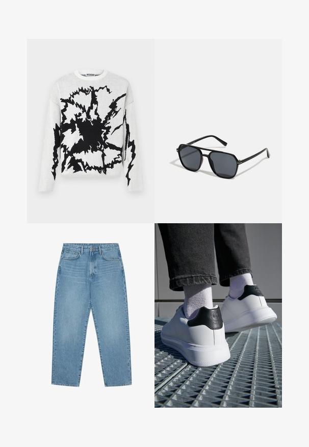 Adīts džemperis ar melnu abstraktu rakstu uz balta fona, ar apaļu apkakli un garām piedurknēm. Mīksta tekstūra. Redzams zīmola etiķete.; Gaiši zili denim auduma platgala bikses ar augstu jostasvietu, ar piecām kabatām, jostu cilpām un mīkstu, nedaudz nodilušu tekstūru.; Balti sporta apavi ar melnu papēdi, kurai ir smaidoša sejas dizains, gluda ādas materiāls, plakana gumijas zole un teksturēta apdare.; Melnas saules brilles ar astoņstūra rāmī, tumšiem stikliem, spīdīgu apdari, plānām kājām un zelta akcentiem priekšpusē.