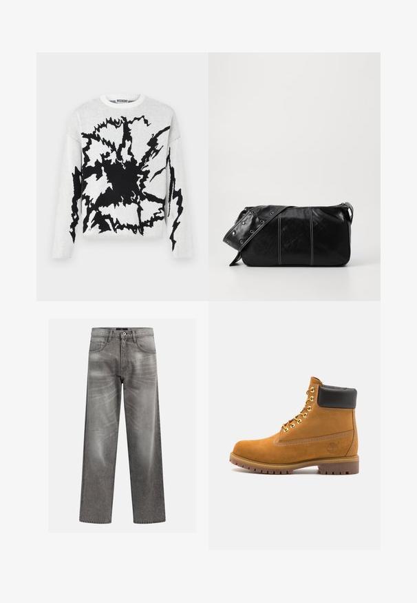 Strikket genser med et svart abstrakt mønster på hvit bakgrunn, med rund hals og lange ermer. Myk tekstur. Merkelapp synlig.; Grå denim jeans med løs passform, som har slitne og falmede detaljer, en klassisk fem-lommers design og en knappelukking.; Beige semskede ankelstøvel med svart polstret krage, gullmetalløyer, hvite sømdetaljer og robust gummisåle med påfallende mønster.; Svart lær skulderveske med glidelås, med teksturert overflate, hvite sømmer og en stropp med sølvringer.