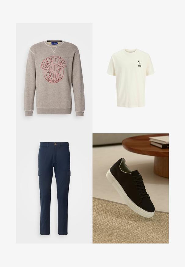 Hanorac gri deschis din material moale, având un logo circular roșu cu textul "TWENTY TWO SCOTCH & SODA AMSTERDAM." Manșetele și tivul ribbate.; Tricou din bumbac de culoare crem deschis, cu mâneci scurte, având o mică grafică neagră a unui personaj și textul "BRAKE BROS" pe piept.; Pantaloni cargo de marină dintr-un amestec de bumbac, cu două buzunare laterale, fermoar și închidere cu buton în față. Design cu picior drept.; Pantof din material textil negru, cu talpă albă, plutind deasupra unui covor texturat bej, lângă o masă rotundă din lemn cu cărți stivuite.