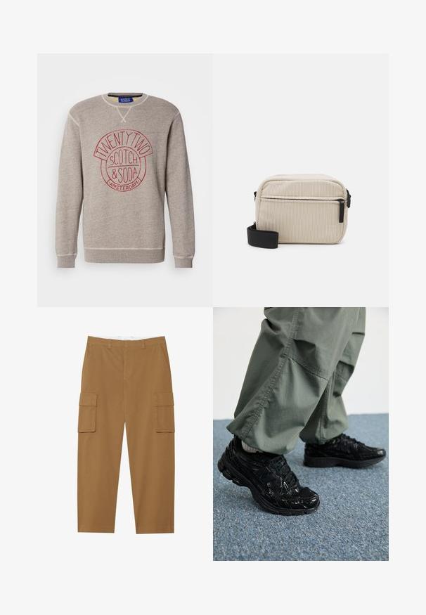 Light gray sweatshirt in soft material, featuring a circular logo in red with text "TWENTY TWO SCOTCH & SODA AMSTERDAM." Ribbed cuffs and hem.; Brown cargo pants with two side pockets, a flat front, and a straight leg cut. Made from a durable fabric with a smooth texture.; Black athletic sneakers with glossy and mesh textures, featuring a thick sole and laces, paired with loose olive-green cargo pants.; Cream-colored corduroy crossbody bag with a black zipper, removable strap, and textured pattern. Features one main compartment and front pocket.