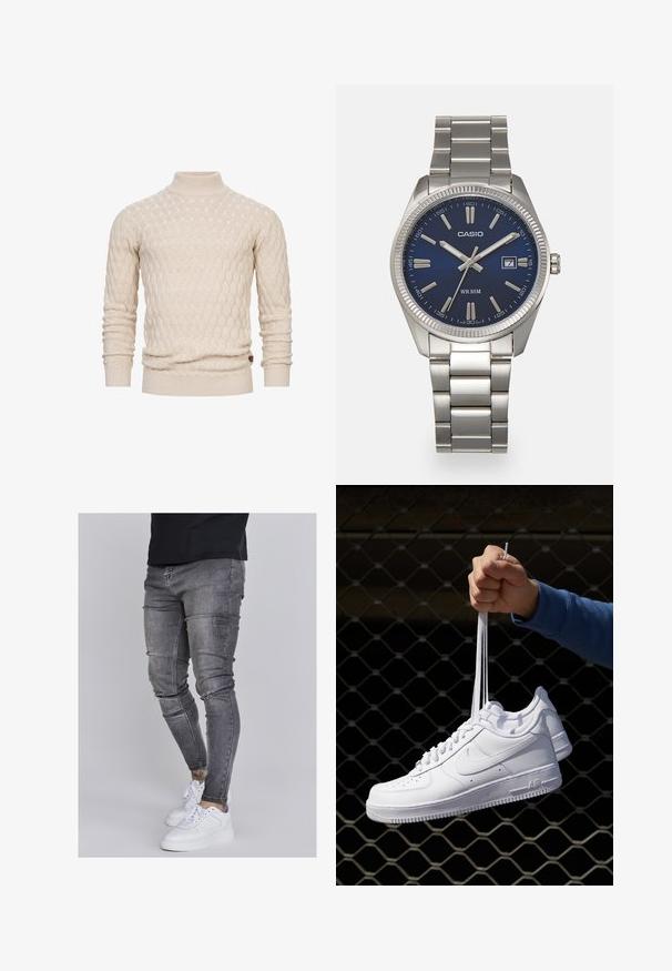 Cremefarvet strikket sweater med høj krave, prydet med et tekstureret bølgemønster, lange ærmer og en tætsiddende ribbet kant.; Slank jeans i falmet grå denim med slidte detaljer ved knæene, parret med hvide sneakers. Glat tekstur, slim fit design.; Hvide lædersneakers med perforeringer, rund tå, flad sål og tykke snørebånd, med et synligt swoosh-logo og "AIR" på hælen.; Sølv rustfrit stål urrem med en marineblå urskive, metallic timemarkører og et datovindue kl. 3. Vandafvisende op til 50 meter.