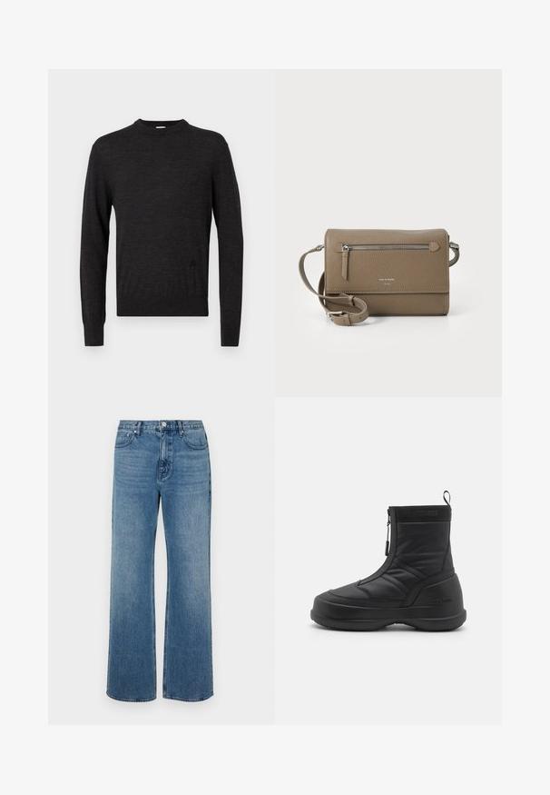 Maglione nero a maniche lunghe con colletto tondo, realizzato in materiale morbido, dotato di un logo discreto sul lato e una silhouette aderente.; Jeans a gamba larga blu in denim con una finitura sbiadita. Presentano cinque tasche, una chiusura con bottone frontale e una vestibilità dritta.; Stivale da neve impermeabile nero con tomaia sintetica liscia, chiusura con zip, collo imbottito e suola in gomma testurizzata. Contrassegnato dal marchio "MOON BOOT".; Borsa a tracolla in pelle taupe con tasca anteriore con cerniera, tracolla regolabile, texture a granuli e logo embossato sulla parte anteriore.