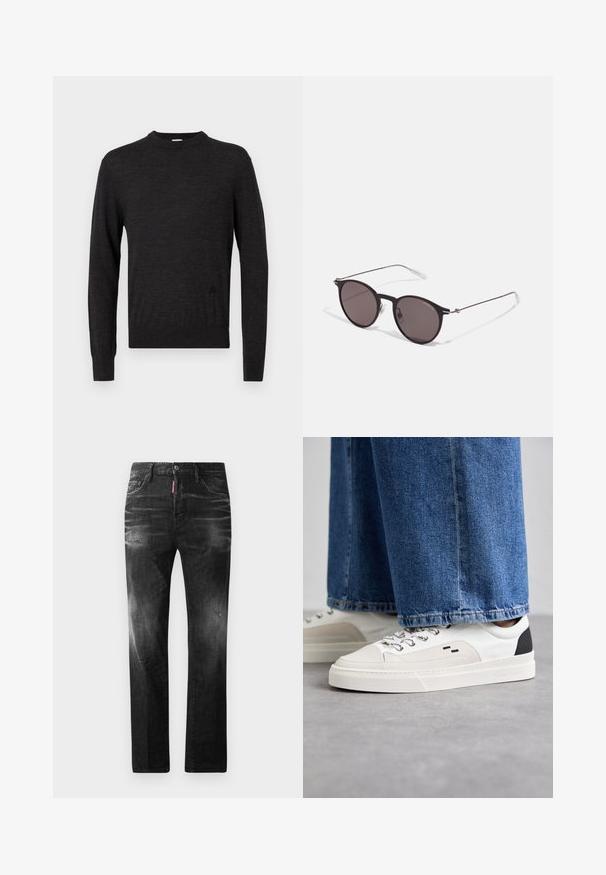 Zwarte, langmouwige trui met ronde hals, gemaakt van soepel materiaal, met een subtiel logo aan de zijkant en een getailleerde pasvorm.; Zwarte denim jeans met een rechte pasvorm. Beschikt over vervaagde gebieden, lichte slijtage, klassiek vijf-pocket ontwerp en een knoopsluiting.; Witte en zwarte sneakers met een glad leren bovenwerk, textuuraccenten en een chunky witte zool. Heeft een klassiek vetersluiting ontwerp.; Zwarte ronde zonnebril met donkere lenzen en slanke metalen armen. Inclusief heldere tempelpunten en zilveren accenten bij de scharnier. Minimalistisch ontwerp.