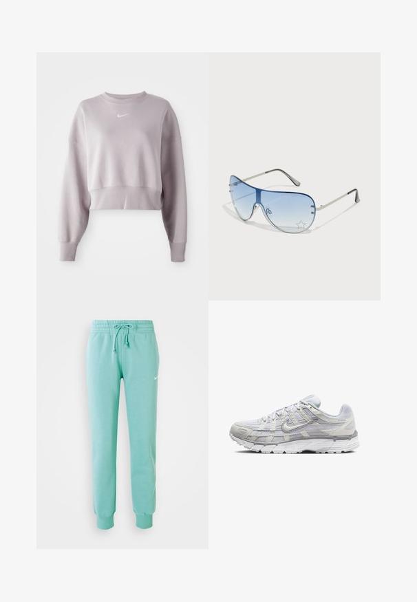 Korte, lys lavendel sweatshirt med lange ermer, ribbede mansjetter og en liten hvit Nike-logo på brystet. Myk stofftekstur.; Mintgrønne sweatpants med elastisk talje, snøre og ribbede manchetter. Har et lille hvidt Nike-logo på venstre lår.; Lys grå sportsko med overdel i mesh og syntetisk materiale, med snøring, polstret krave og strukturert såle for grep.; Pilotbriller med gradient blå linse, sølvfarget metallramme og dekorative stjerneaksenter på linsen. Glatt og stilren design.