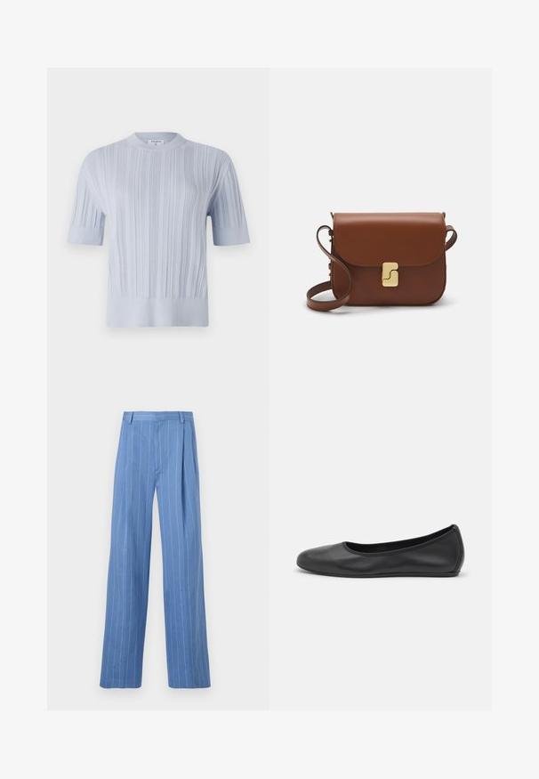 Light blue short-sleeved knit top featuring vertical ribbed texture and a crew neckline. The fabric shows subtle detailing with a fitted hem.; Light blue wide-leg trousers with vertical white stripes. Made of smooth material, featuring a front pleat and a clean waistband design.; Black leather ballet flat with a rounded toe, smooth texture, minimal stitching detail, and a flexible sole design.; Brown leather handbag with a flap closure, gold-tone hardware, a shoulder strap, and a smooth texture. Compact rectangular shape.