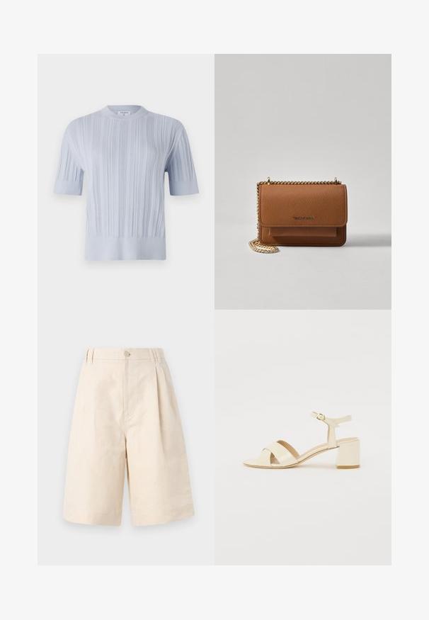 Šviesiai mėlynas trumpas rankovėmis megztinis su vertikaliu raukšlėtu raštu ir apvaliu iškirpimu. Audinys turi subtilių detalių su prigludusiu apvadu.; Šviesiai rudų lino šortai su laisvu kirpimu, su mygtukų uždarymu, klostuotais raštais ir kelio ilgio kirpimu. Lygus audinys ir paprastas stilius.; Bežinės patentinės odos aukštakulnės šlepetės su kryžminiu dirželiu, atvira nosimi, reguliuojamu kulkšnies dirželiu ir blokuotu kulnu. Lygi tekstūra.; Ruda tekstūruota odinė per petį nešama rankinė su auksiniu grandininiu dirželiu ir užlenkiamo užsegimo. Priekinėje pusėje yra logotipo detalė ir kišenė po užlenkimu.