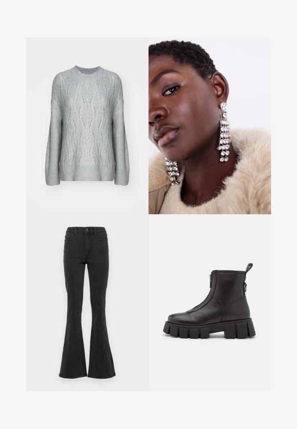 Vaaleanharmaa neulepusero, jossa on aaltoileva kuvio, pyöreä kaula-aukko ja pitkät hihat, joissa on resorit helman ja hihansuiden osalta.; Mustat denim-flares-housut, joissa on korkea vyötärö. Sivusaumat ja siisti viimeistely helmassa. Kangas on sileä ja siinä on hieman venyvyyttä.; Mustat nahkaiset nilkkurit, joissa on paksu, uritettu pohja, sivuvetoketju ja takana vetonauha. Sileä textura ja minimalistinen muotoilu.; Hopeahkakset, joissa on useita kirkaita rhinestoneja, joissa on vesiputoustyyppinen muotoilu ja teksturoitu pinta, neutraalia taustaa vasten.