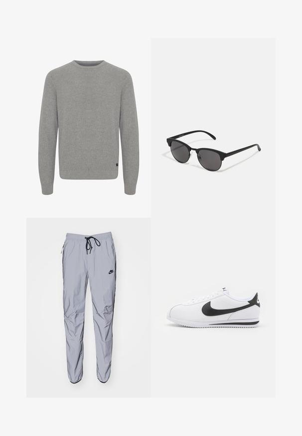 Light grey knit sweater with a crew neckline and long sleeves. Features a textured pattern and a small logo tag at the bottom left.; Light grey sweatpants made of smooth, lightweight fabric with black accents. Features an elastic waistband with drawstring and side pockets.; White leather sneakers with black Nike swoosh, flat laces, and textured rubber sole. Rounded toe and padded collar for comfort.; Black sunglasses with round lenses, matte finish, and distinctive cat-eye shape. Slim arms with subtle branding on the left temple.