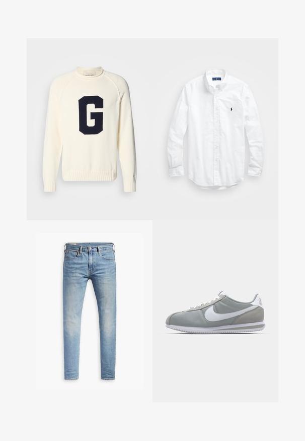 Kremni pulover iz pletenine z dizajnom mornarsko modre 'G' logotip. Ima okroglo ovratnik ter rebraste manšete in rob.; Bela dolg rokav srajca s gumbi iz bombaža. Ima klasičen ovratnik, gumbnice na zapestjih in majhen temno moder vezen logotip na prsih.; Svetlo modri oprijeti džins s blagim bledenjem na stegnenicah, sprednji gumbasti zapenjač, zanke za pas in pet žepov na belem ozadju.; Sive tenisice za šport z zgornjim delom iz semiša in tekstila, belim Nike swooshom in belimi vezalkami. Imajo strukturirano gumijasto podplat in oblazinjen ovratnik.