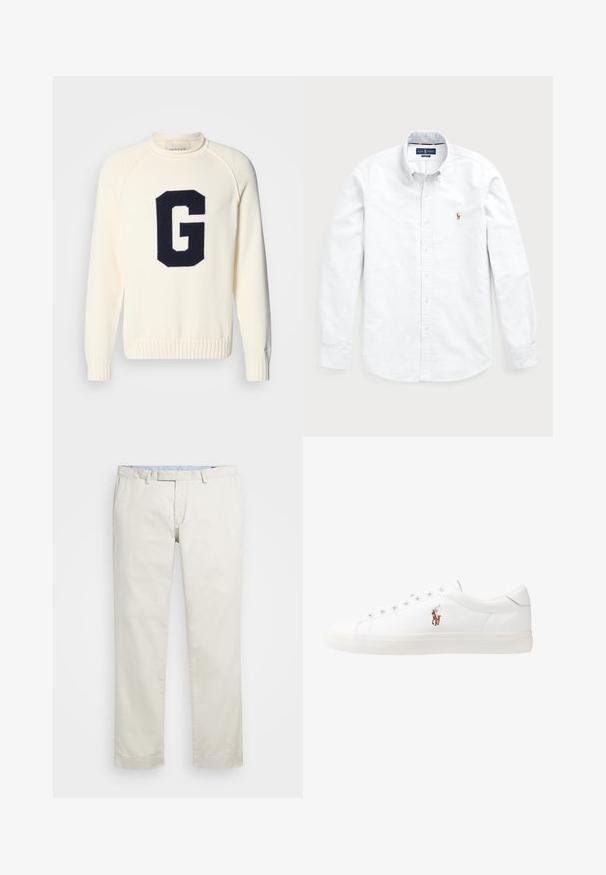 Krémový sveter vyrobený z pleteniny s námořnícko modrým logom 'G'. Má okrúhly výstrih a rebrované manžety a spodný lem.; Biela košeľa s dlhým rukávom a gombíkmi vyrobená z bavlny. Má rozšírený golier, zapínanie na gombíky a malé vyšívané logo na hrudi.; Béžové bavlnené chinos nohavice s plochým predným dielom, pútka na opasok a bočnými vreckami. Rovný strih s hladkou textúrou a ľahkým, priedušným pocitom.; Biele kožené tenisky s nízkym strihom, s hladkou textúrou, okrúlym špičkou, šnurovaním vpredu a malým vyšitým logom na boku.